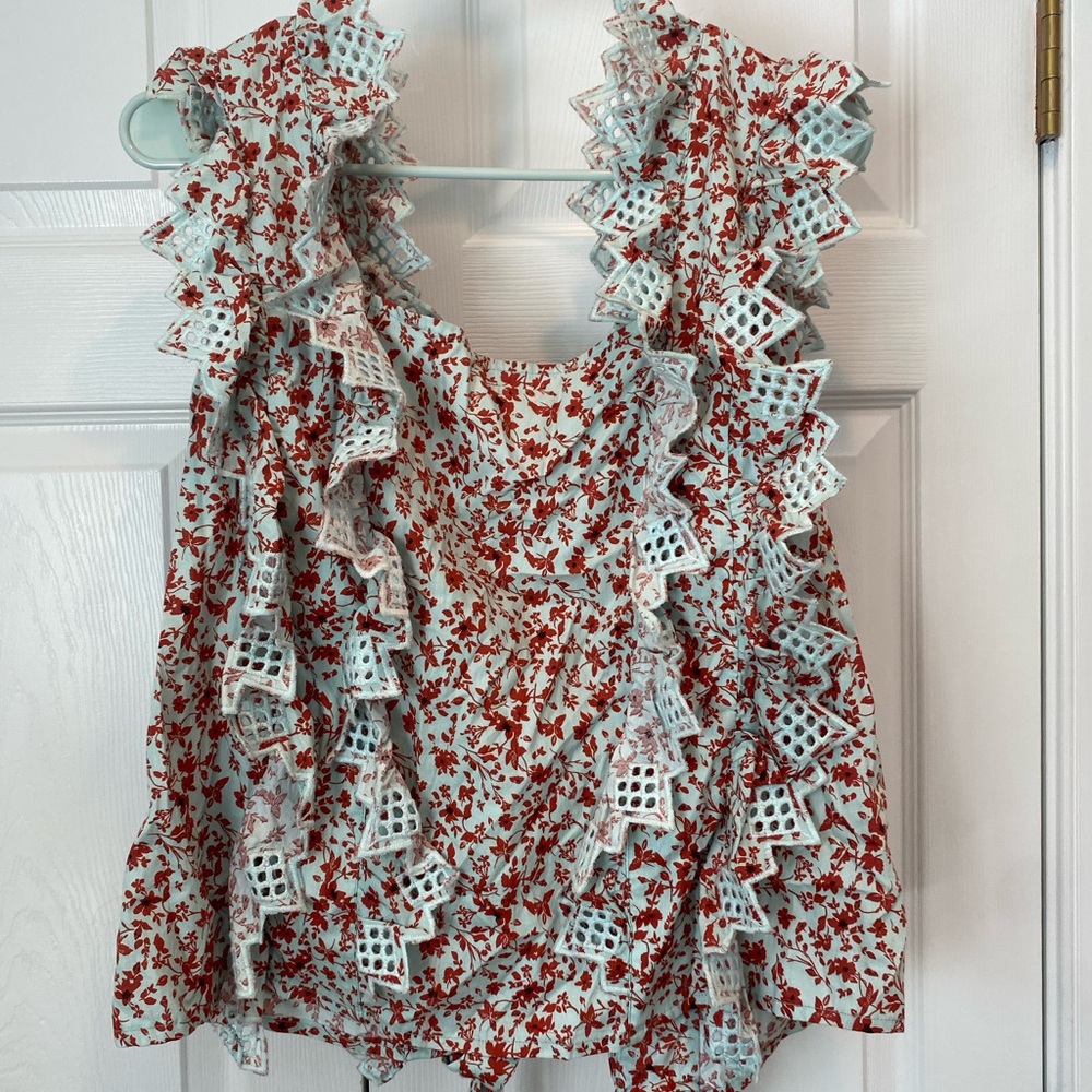 Anthropologie Pink and Orange Sleeveless Ruffled Scoop Neck Blouse